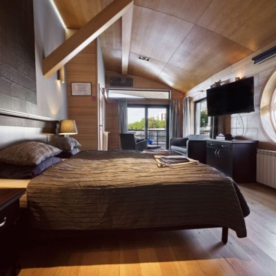 Bedroom with a sloping wooden ceiling and a glass door onto the riverbank