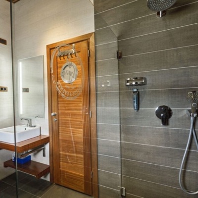 Bathroom detail with a glass shower and a porthole-style wooden door